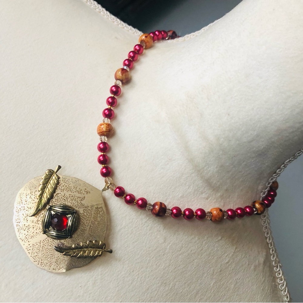 Handcrafted repurpose gold leaf gem pendant Czech glass Pearl necklace